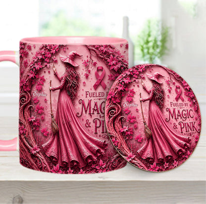 Fueled By Magic & Pink - Personalized Breast Cancer Awareness Accent Mug & Coaster