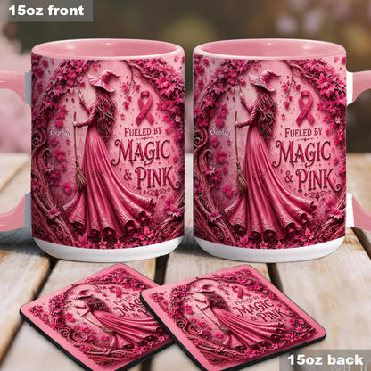 Fueled By Magic & Pink - Personalized Breast Cancer Awareness Accent Mug & Coaster