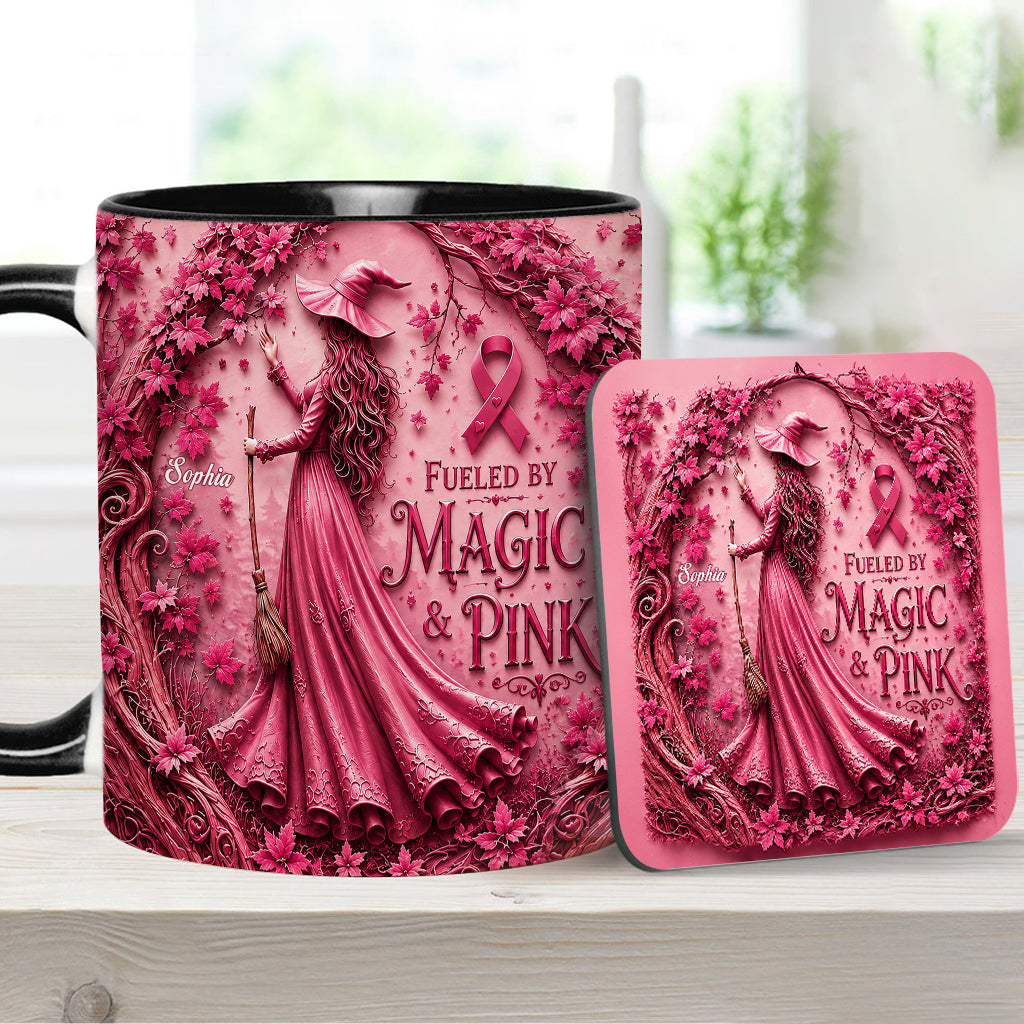 Fueled By Magic & Pink - Personalized Breast Cancer Awareness Accent Mug & Coaster