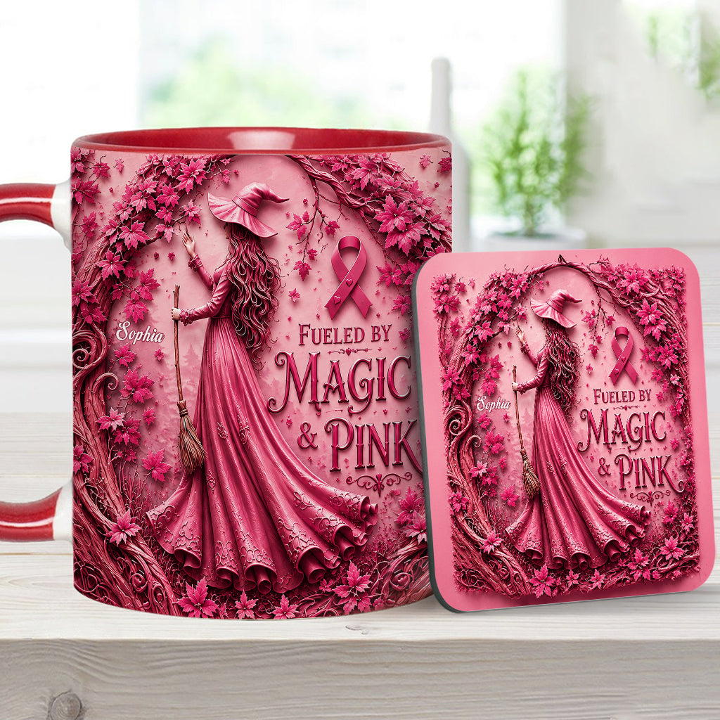 Fueled By Magic & Pink - Personalized Breast Cancer Awareness Accent Mug & Coaster
