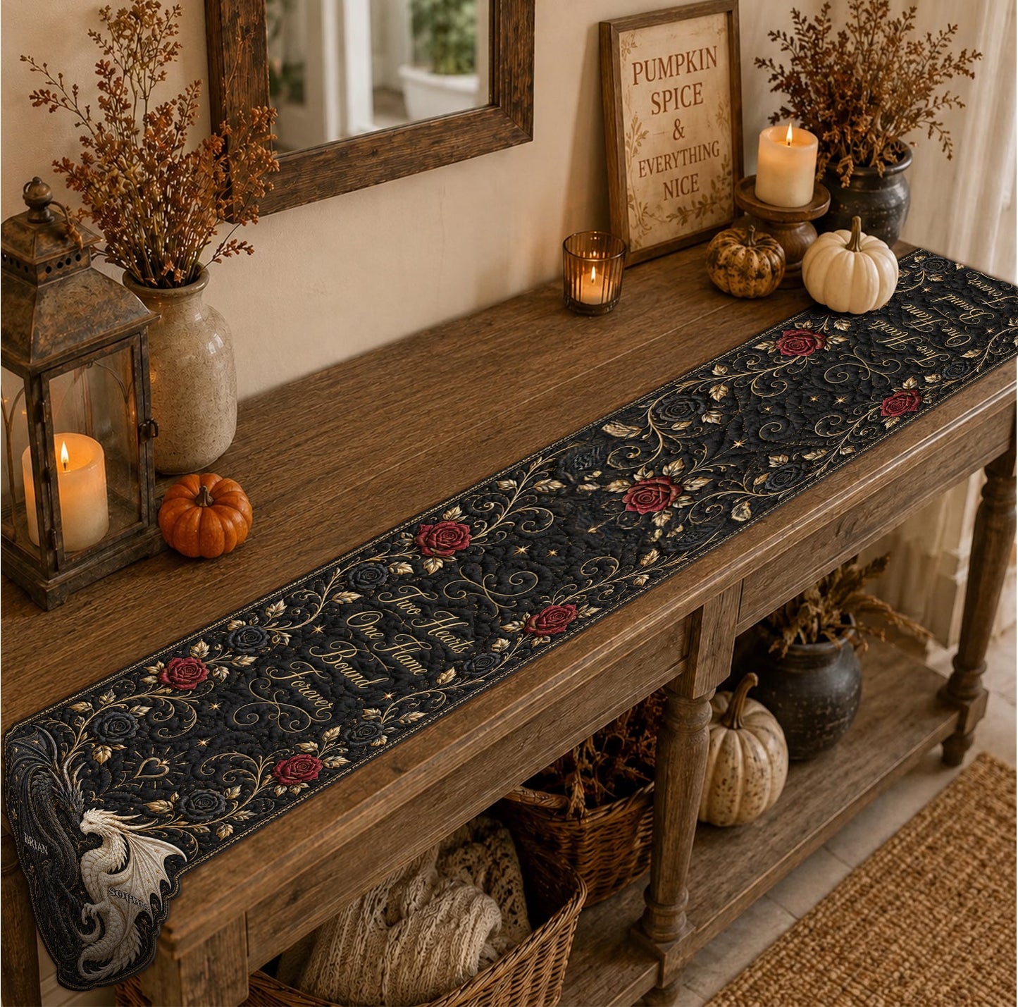 Two Hearts One Flame Bound Forever - Personalized Dragon Table Runner Custom Shape