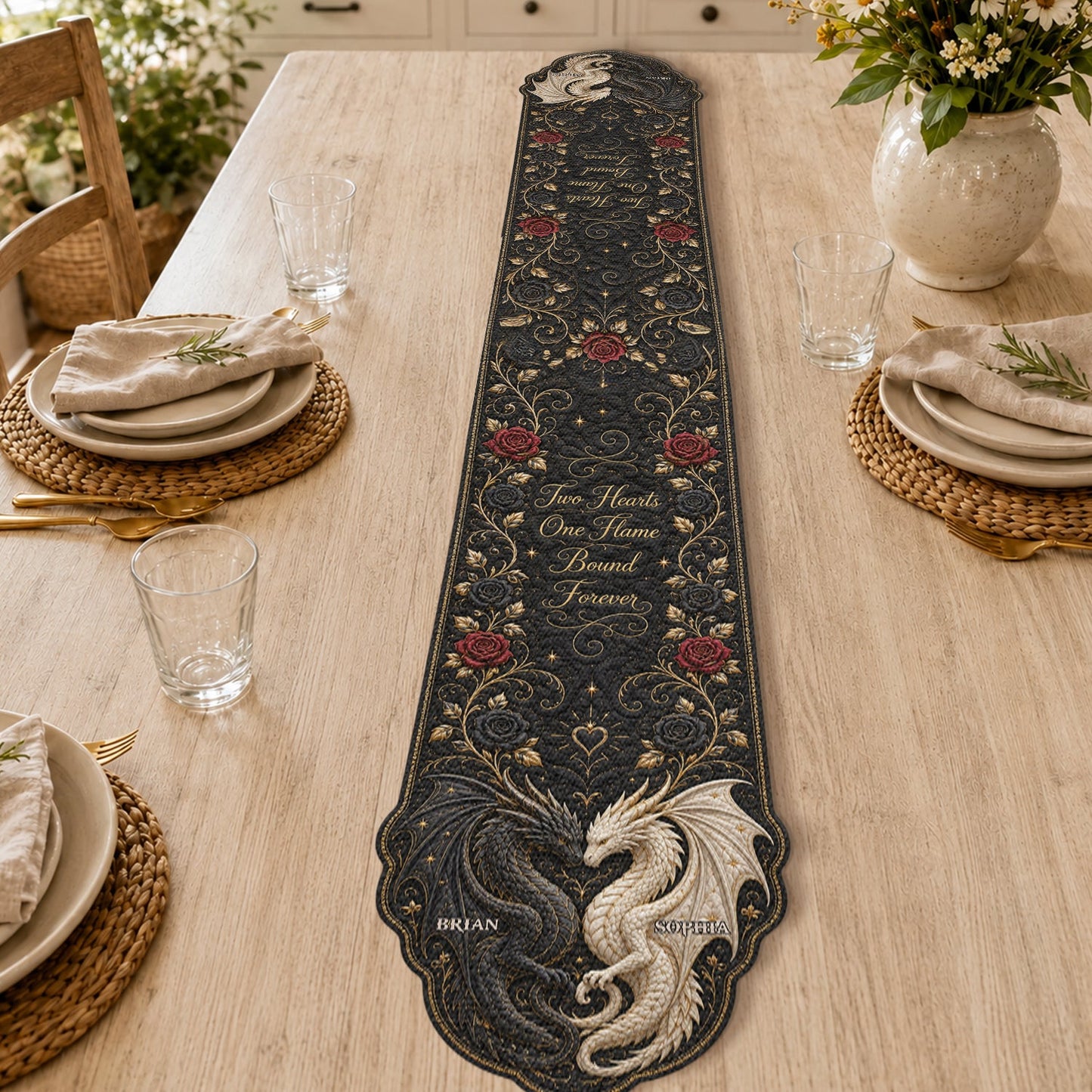 Two Hearts One Flame Bound Forever - Personalized Dragon Table Runner Custom Shape