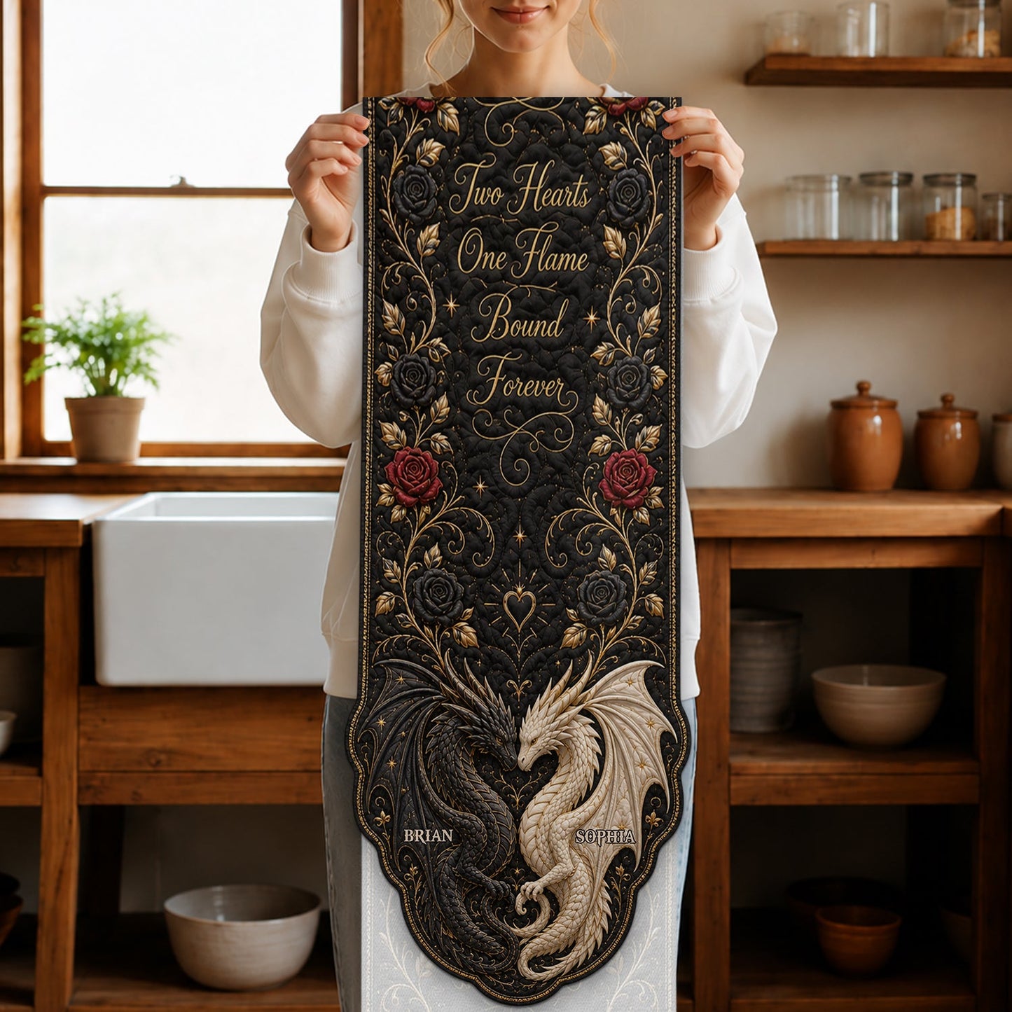 Two Hearts One Flame Bound Forever - Personalized Dragon Table Runner Custom Shape