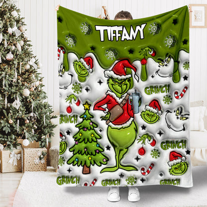 Any Name Green Snowflakes - Personalized Blanket