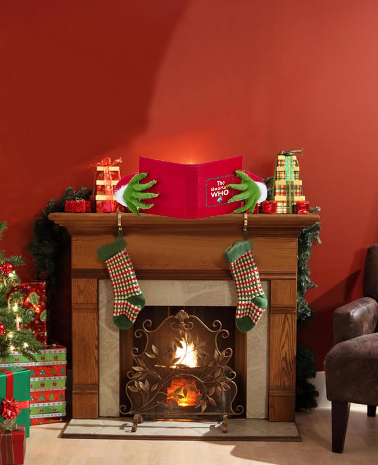 Grinch Christmas Tree Topper Decoration - Holiday Party Gifts Festive Red Book-Shaped